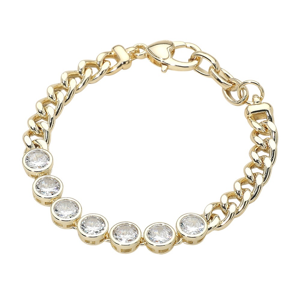 14K Gold Plated Round CZ Bezel Link Curb Chain Bracelet